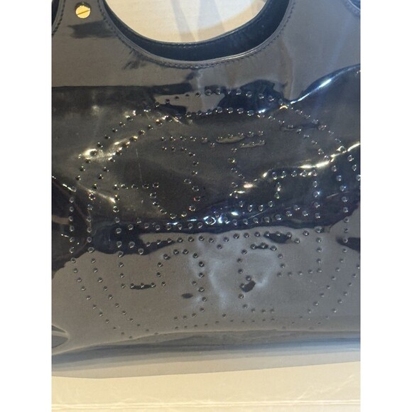 Auth. Tory Burch Bombe Tote Patent Leather Big Perforated Logo Navy Blue - Picture 2 of 10